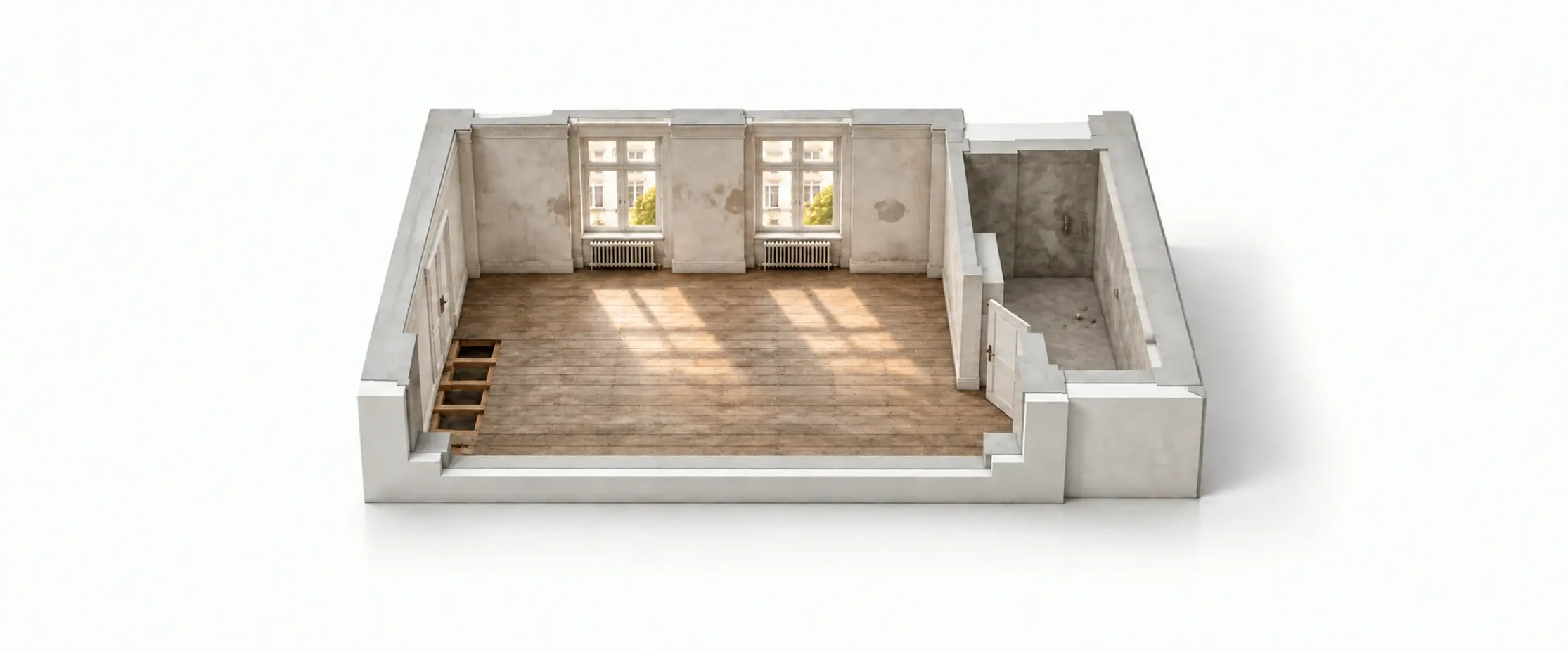 Architekturillustration einer Altbauwohnung vor der Sanierung mit hohen Fenstern und Flügeltüren