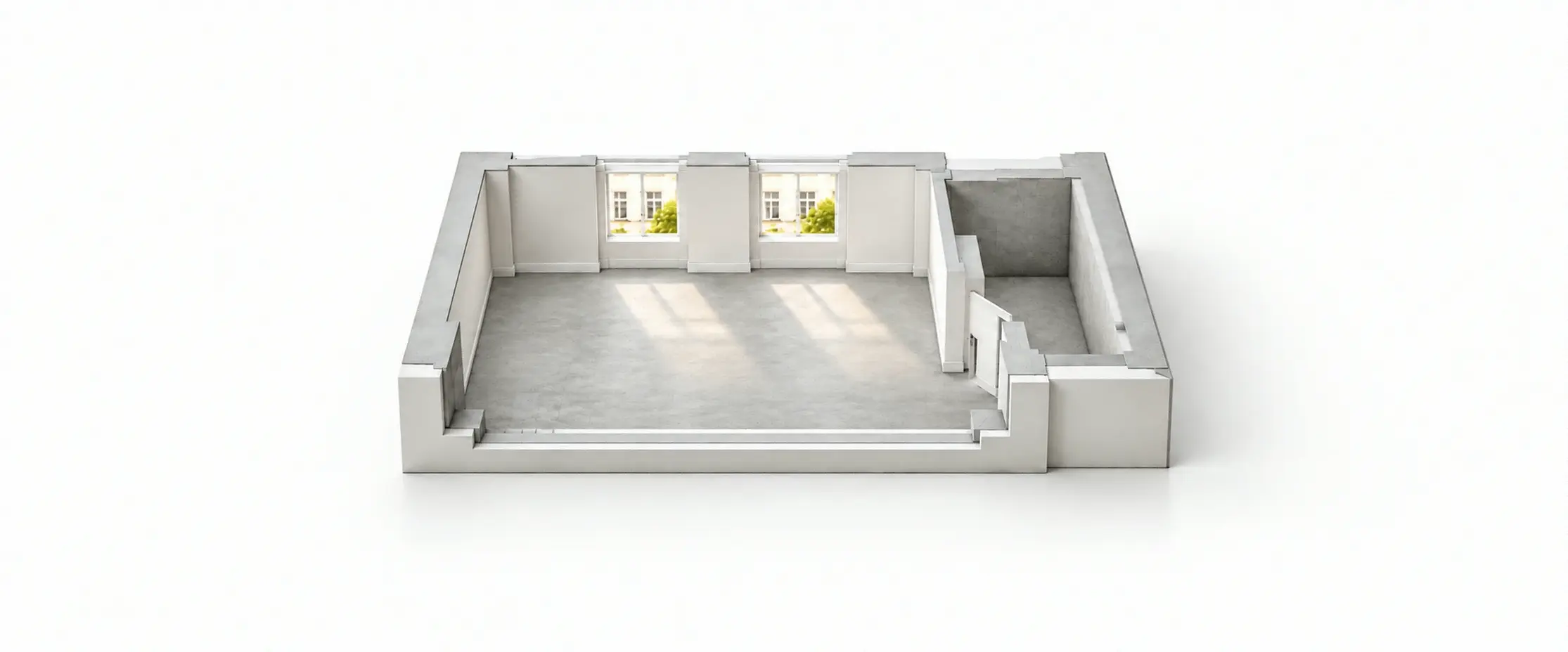 Architekturmodell einer Wohnung mit Eichenboden, Badezimmer und freigelegter Fußbodenheizung