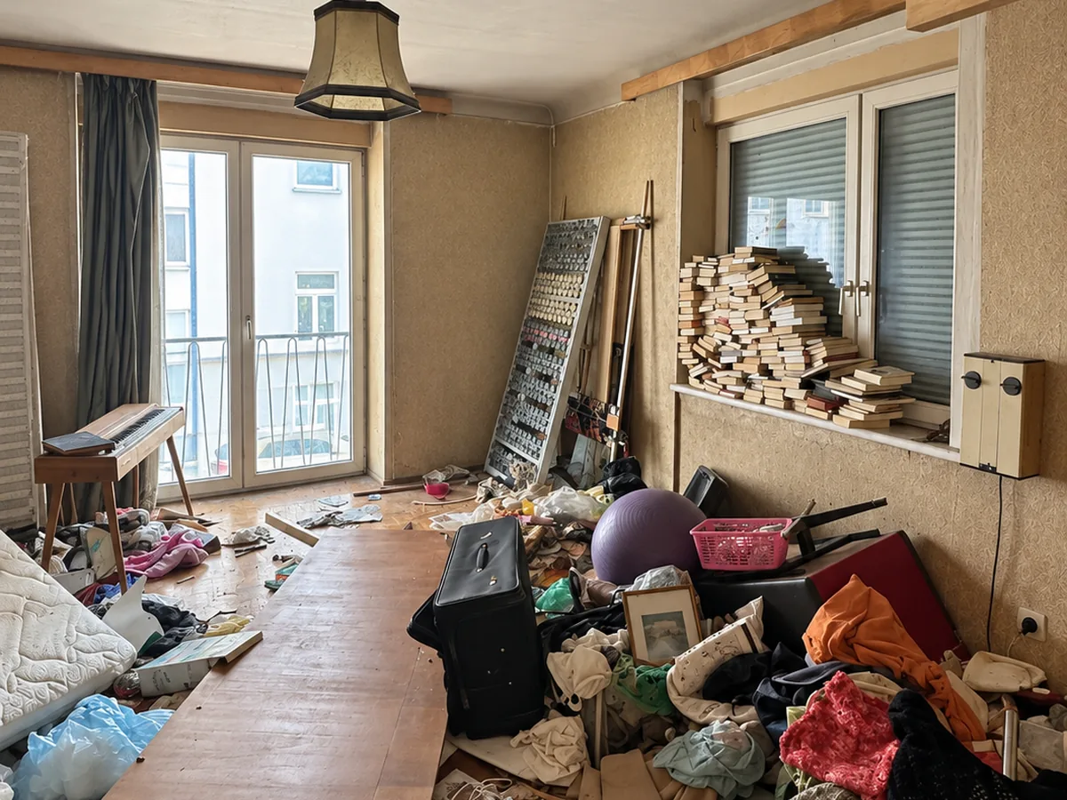 Derselbe Raum vor der Räumung, vollgestellt bis zur Decke